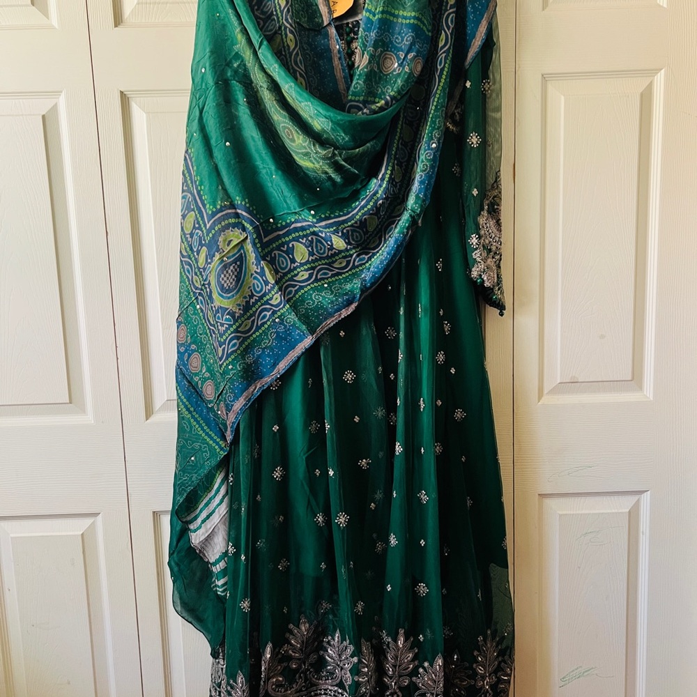 Green and Gold Embellished Tiered Maxi Dress